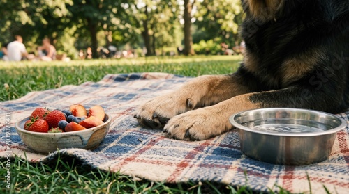 Dog enjoys a picnic in the park with fresh fruit and water during a sunny afternoon