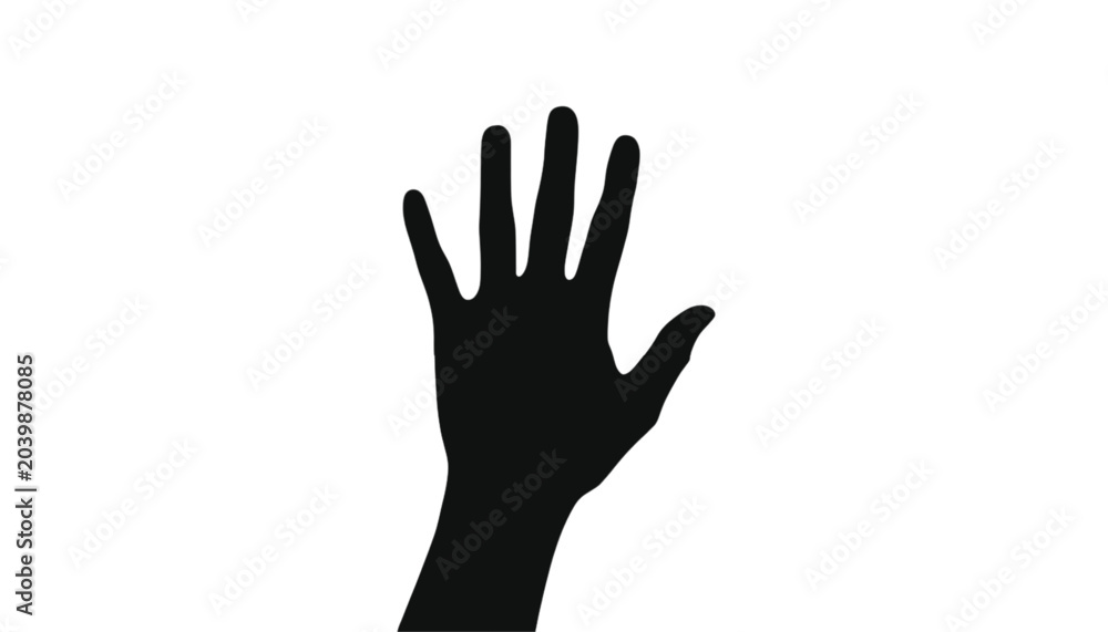 Obraz premium Hand silhouette with open fingers is displayed against a solid white background to serve as an effective visual gesture for communication or interaction concepts in digital and print media projects.