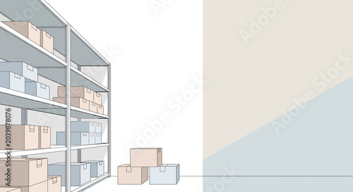 Tableau sur toile Warehouse shelves with boxes, delivery and storage concept, minimalist design