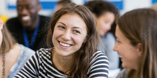 A joyful moment captured among friends, featuring a woman laughing warmly, embodying friendship, connection, and the joy of shared experiences in a lively atmosphere.