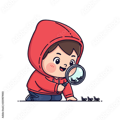 Cute Cartoon Child Exploring Nature With Magnifying Glass.
