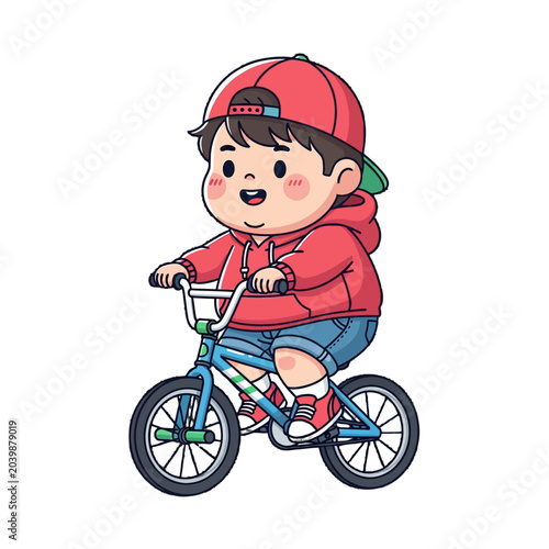 Happy young child joyfully riding small blue bicycle indoors.