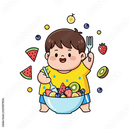 Happy cartoon child enjoying a colorful fruit salad bowl.