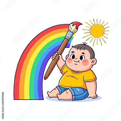 Happy child painting a colorful rainbow with brush outdoors.