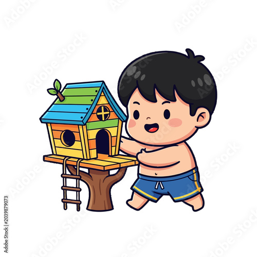Happy cartoon child holding colorful treehouse model.