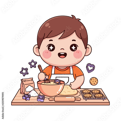 Happy cartoon child baking cookies with kitchen tools.