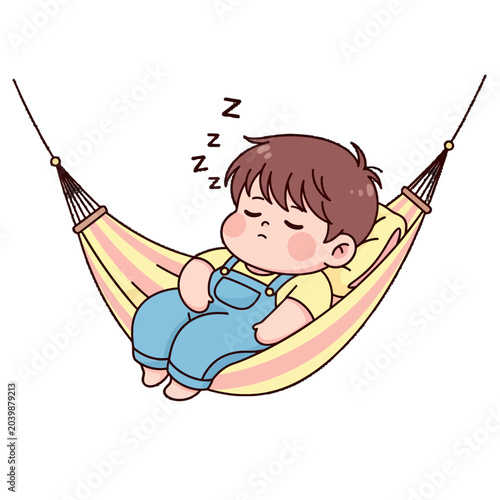 Cute little boy napping peacefully in colorful hammock.