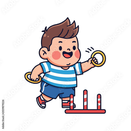 Happy Cartoon Boy Playing Ring Toss Game Outdoors.