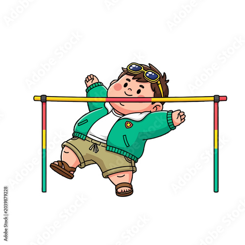 Playful Cartoon Character Jumping Over Colorful Hurdle.