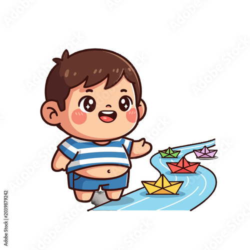 Happy cartoon boy playing with paper boats in water.