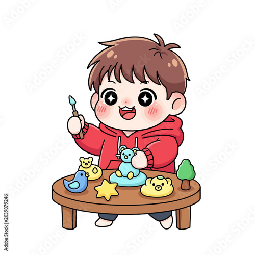Happy cartoon boy playing with colorful clay toys.