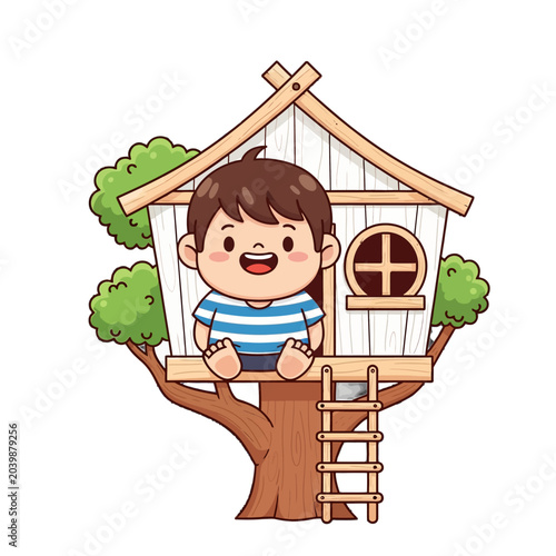 Happy Child Playing in Whimsical Treehouse Outside.