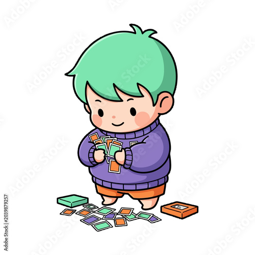 Happy child holding colorful trading cards with excitement.