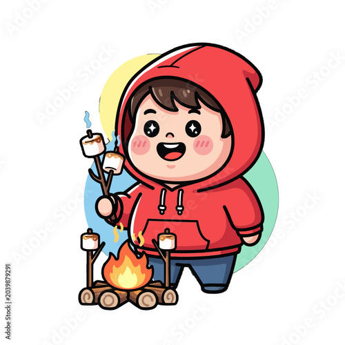 Happy Child Roasting Marshmallows Over Campfire.