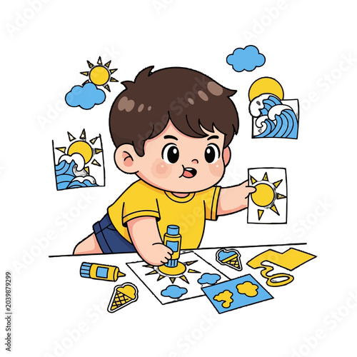 Happy young boy creating colorful weather themed artwork.