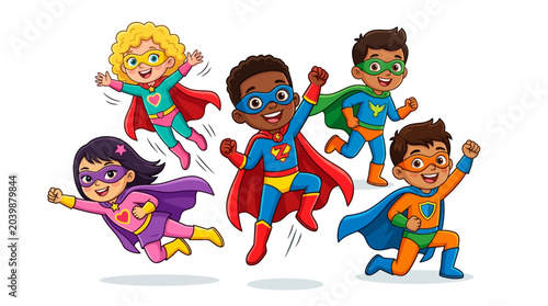 Diverse group of children superheroes flying.
