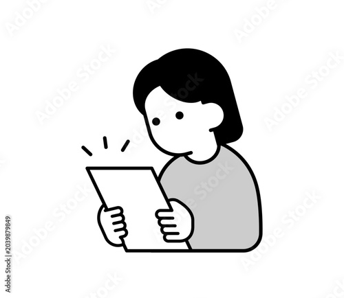 書類・結果を読む女性のアイコンイラスト（健康診断・検査結果・レポート確認）