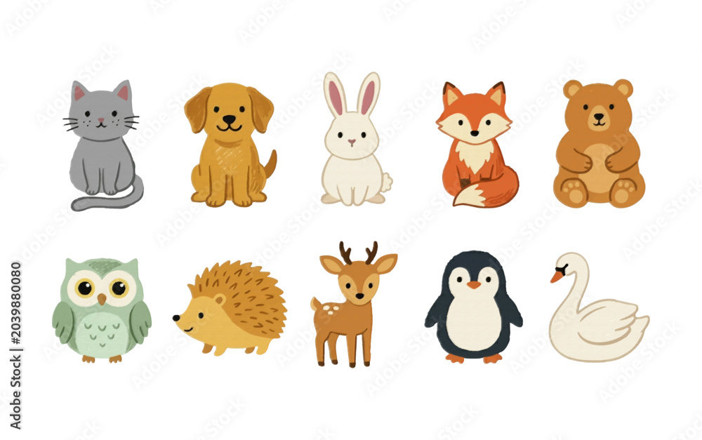 Obraz premium Crayon Texture Animals Clipart Set, Hand Drawn Naive Folk Art Animal Illustration Collection with Cat, Dog, Rabbit, Fox, Bear, Owl, Hedgehog, Deer, Penguin and Swan, Scandinavian Style Bold Color 