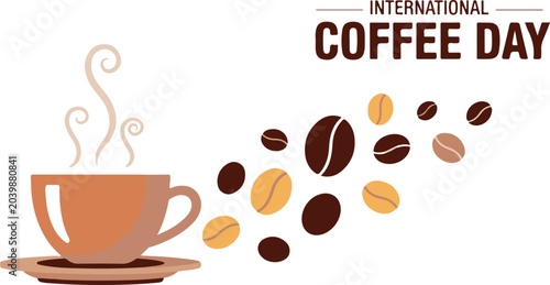 Bild auf Leinwand Minimalist International Coffee Day illustration with a steaming cup and beans