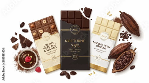 Assorted gourmet chocolate bars and ingredients.