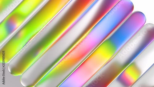 Abstract design features glossy, rainbow colored tubes arranged diagonally against a neutral background. 3d render illustration.