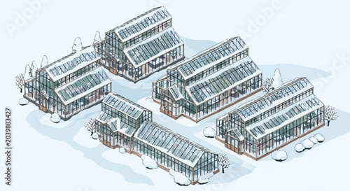 Konstfotografi Isometric illustration of modern greenhouses in winter.