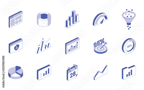 Isometric business data analysis and financial chart icons set