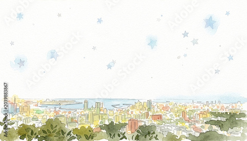 Watercolor illustration of panoramic city night view with starry sky