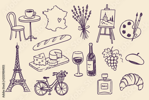 France travel icon set sketch doodle vector illustration