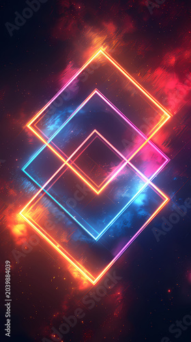Neon glowing square frames overlapping brilliantly with vibrant neon square frames in energetic composition, dark background enhances vibrancy and intensity of overlapping neon squares.