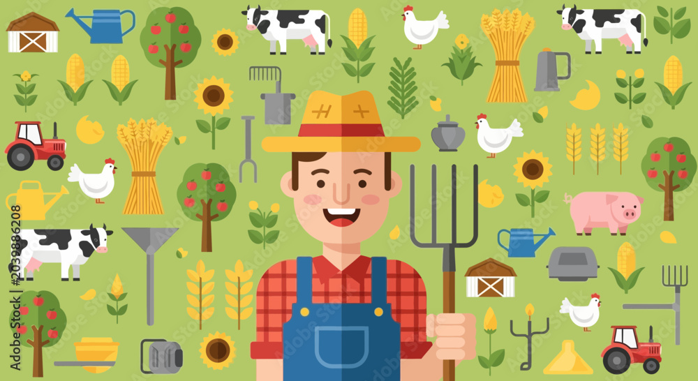 Fototapeta premium Happy Farmer Character with Farm Elements and Animals - Vector Illustration