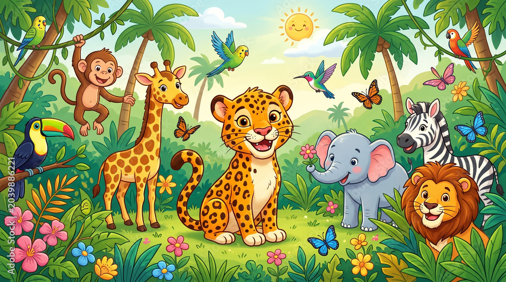 Naklejka premium Cute Baby Leopard with Jungle Animals in Sunny Tropical Forest Cartoon Illustration