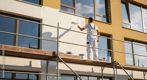 Professional house painter in white uniform painting the exterior wall of a modern building using a roller on scaffolding.