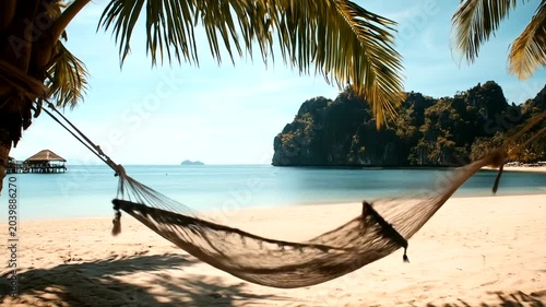 Relaxing Hammock on a Tropical Beach with Palm Trees and Ocean View.