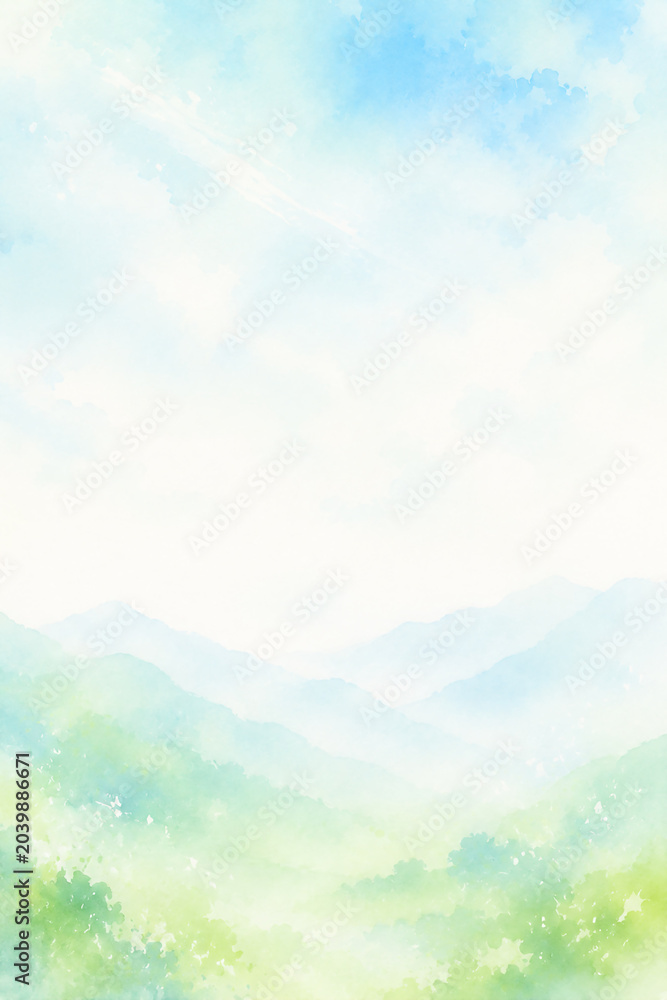 Fototapeta premium 夏山をイメージした抽象水彩背景 爽やかな青空と緑の余白デザイン