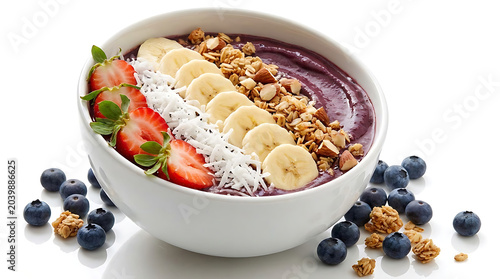 Delicious acai bowl with fresh fruit and granola topping