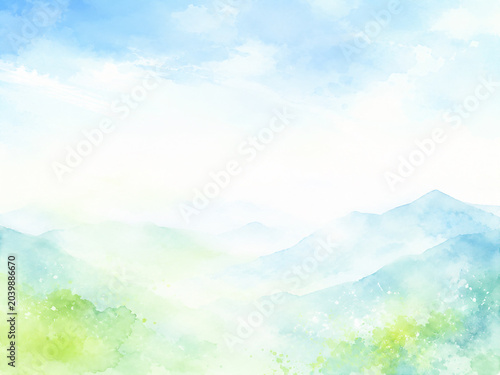 夏山をイメージした抽象水彩背景　爽やかな青空と緑の余白デザイン