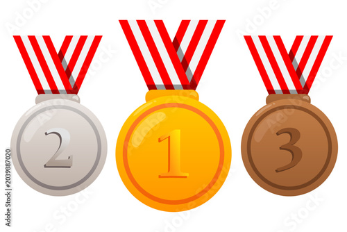 Gold, silver, and bronze medal set with the gold medal prominently displayed in the center. Symbol of championship, victory, and top-ranking achievement.