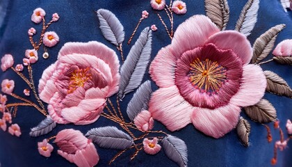 beautiful embroidery of pink flowers on blue fabric showcasing intricate stitch patterns