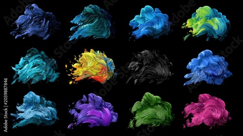 Neon Multicolor Paint Stroke Set On Black Background With Ink Texture