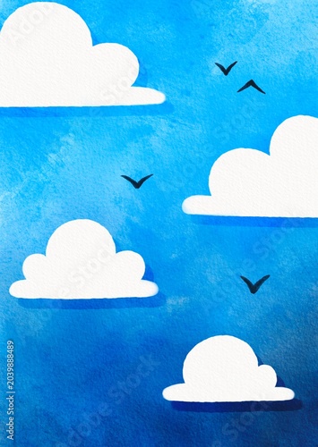 Foto Clouds in Blue Sky print, simple watercolour illustration art, home decor, wall