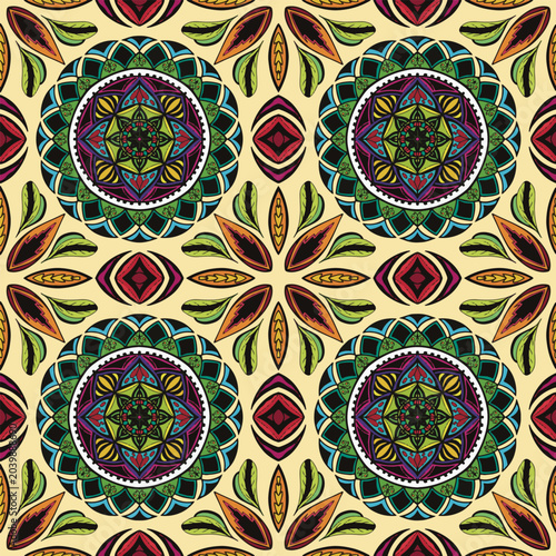 Seamless mandala vector pattern with decorative and symmetrical textile texture.
Fully editable and scalable vector design suitable for fashion fabric, clothing, sweaters, scarves, blankets, home deco