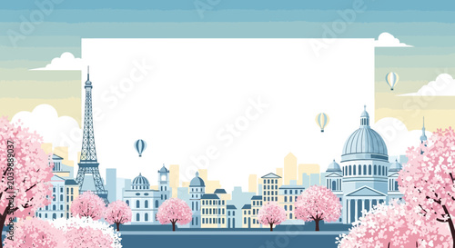 Foto Parisian Spring Skyline with Eiffel Tower, Capitol Dome, and Cherry Blossoms