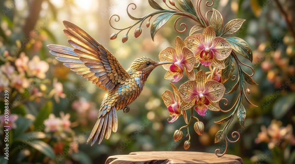 Fototapeta premium Hummingbird sipping nectar from colorful flowers in garden