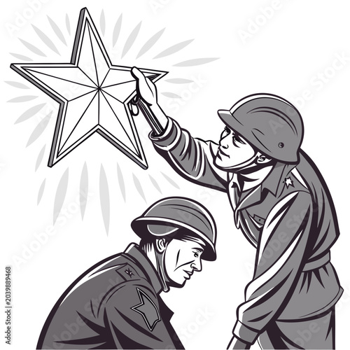 Quadro em tela soldiers placing star vector illustration placement military uniforms helmet gra
