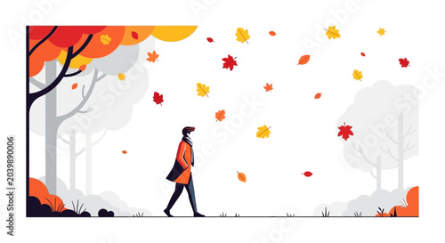Vászonkép Autumn walk: Person in orange coat strolls through falling leaves in stylized pa