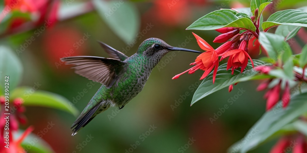 Fototapeta premium A magnificent hummingbird hovering gracefully near vibrant red flowers, emphasizing the beauty and delicate nature of wildlife in a colorful garden setting.