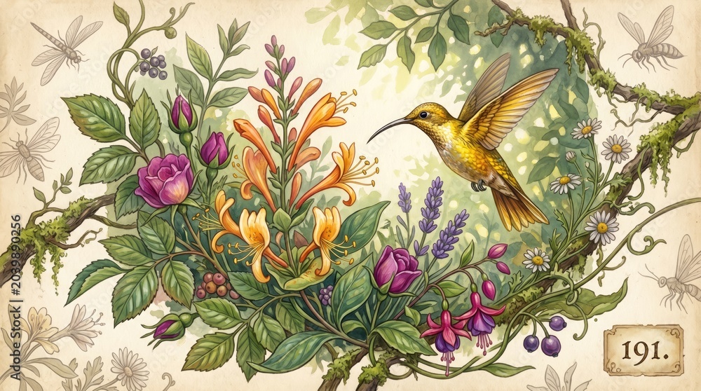 Fototapeta premium Vibrant hummingbird in lush floral arrangement with dragonflies