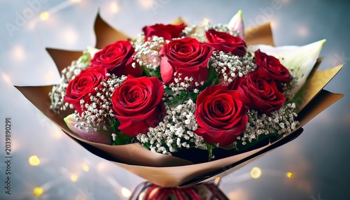 Happy Birthday Flowers Bouquet Of Red Roses And Babys Breath