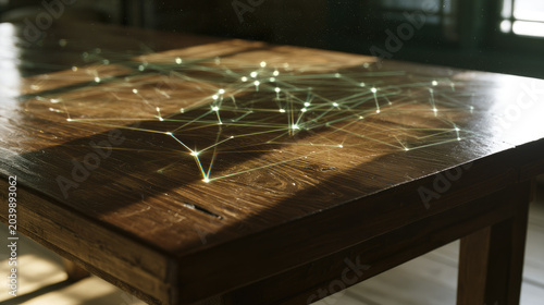 Network security graph on empty wooden desk with dark studio light, soft shadow, and wide copy space